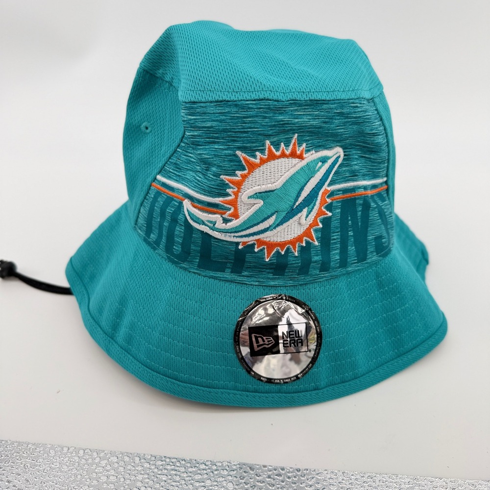 New Era Bucket Hat Mens Aqua Miami Dolphins NFL Sideline Training Mesh Toggle